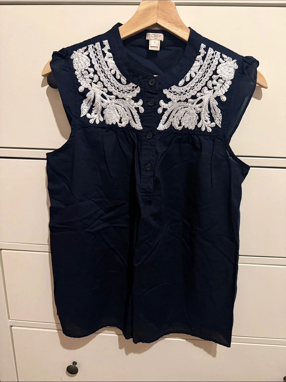 J. Crew Navy Sleeveless Top with White Embroidered Yoke